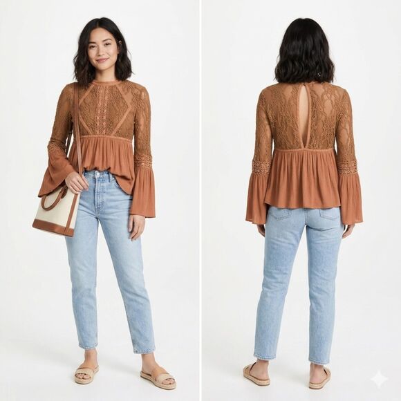 By Together Tops - Y2K Vintage Inspired Blouse L Brown Long Bell Sleeve Fairy Grunge Cottagecore